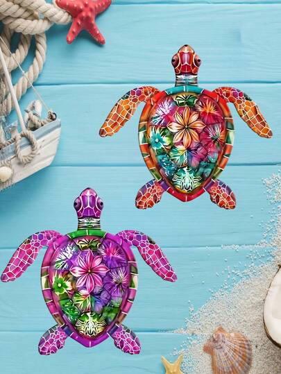 2D 平面金属海龟墙饰（1 件） - 多色设计，饰以花卉龟壳图案 - 室内/室外花园装饰 - 复古海洋动物壁挂 - 适用于露台或庭院