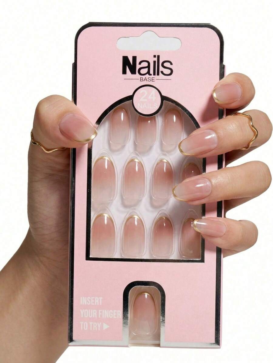 Nails Base 24pcs/Set Natural Nude Gradient With French Golden Edge With Shimmer Detail Medium French Press-On Nails, Oval Press On Nails,ABS Fake Nails Press On,Women's Fashion Nail Art,Paired With 1pc Jelly Gel And 1pc Nail File,Suitable For Parties And Travel - Multicolor - View 1