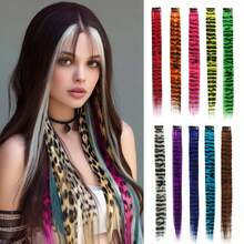 3 pièces Extensions de cheveux léopard et rayées, mèches de cheveux droites longues et colorées à clipser, convient pour le port quotidien des femmes et des filles, les fêtes, Halloween et autres festivals - Multicolore - Voir 1