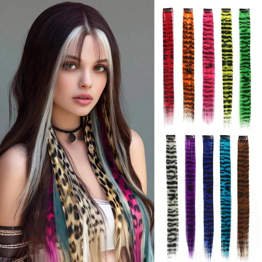 3 pièces Extensions de cheveux léopard et rayées, mèches de cheveux droites longues et colorées à clipser, convient pour le port quotidien des femmes et des filles, les fêtes, Halloween et autres festivals - Multicolore - Voir 1