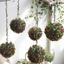 1 pieza Bola de topiario de hojas de eucalipto rojo artificial, bola de topiario de rosas rojas falsas, bola de flores artificiales adecuada para decoración interior/exterior de bodas, fiestas, hogar, jardín, balcón, porche, oficina en casa, decoración de pared, ventana y balcón - Multicolor-A - Ver 11