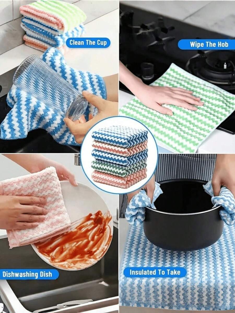 Bộ 10 khăn lau bằng vải lông san hô sọc nhiều màu sắc - Không bám dầu mỡ, không rụng lông, đa năng dùng cho nhà bếp, khăn lau dày dặn dùng cho phòng tắm và phòng ngủ, mềm mại và thấm hút tốt, đồ dùng nhà bếp, phụ kiện vệ sinh (Màu ngẫu nhiên) - Nhiều màu - Xem 1
