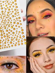 2Pcs Shimmering Gold Face Stickers Y2K Style Round Rhinestone Face Gems For Face, Hair,Body - Party Makeup Music Festival Costume Stickers - Multicolor - View 5