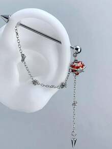 1 chiếc khuyên xỏ công nghiệp bằng thép không gỉ hình trái tim đính đá đỏ, cỡ 14G 1.6mm, có dây xích. - Bạc - Xem 2