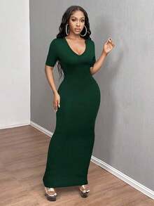 Summer;Women's Solid Bodycon Short Sleeve Dress Dresses - 墨綠色 - 查看 5