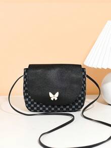 Mini Butterfly Print Decorated Metal Crossbody Shell Bag - Black - View 5