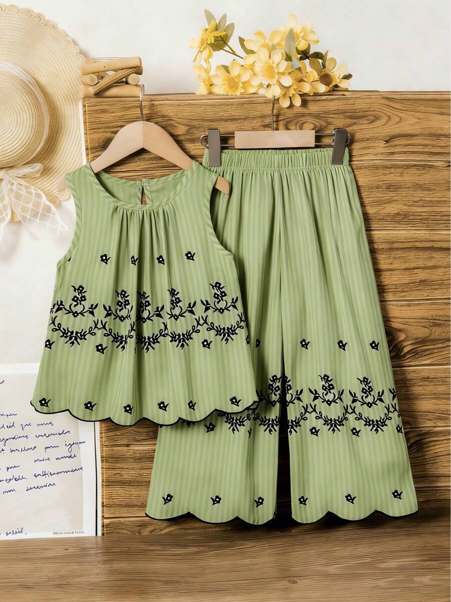 Toddler Girls' Retro Striped Print Sleeveless Set. Retro Striped Pattern With Exquisite Embroidered Hem, Sleeveless Top + Wide-Leg Pants, Comfortable And Stylish, Suitable For Daily Outings, Vacations, Family Gatherings, A Great Choice To Create An Elegant Look For Young GirlSpring/Summer.