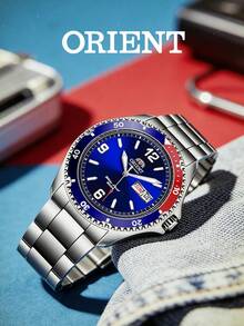 Orient 男士自动机械表，蓝色表盘，潜水风格不锈钢表壳，200米防水，百事圈，经典腕表，时尚配饰，适合度假、派对、日常佩戴。情人节、结婚纪念日送给丈夫、男友的理想礼物。 - 藍色 - 查看 4