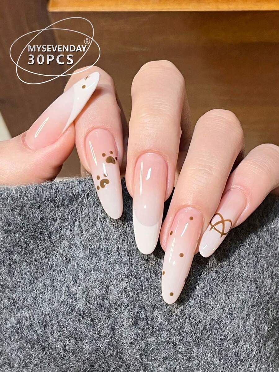30pcs Long Pointed/Cute Cat Claw Shaped Fake Nail Stickers, Adorable & Soft Style - Multicolor - View 1
