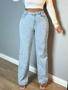 Women's Mid Waist Straight Leg Non-Stretch Denim Jeans, Pearl Beaded Wide Leg Casual Pants - Rửa nhẹ - Xem 6