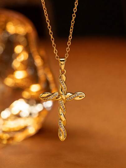 1件时尚简约扭绳十字架吊坠项链，不锈钢百搭信仰项链，是送给信徒、家人和朋友的理想礼物，适合生日、周年纪念日和其他节日。（注：由于生产批次不同，可能存在一些色差；此外，由于光线和拍摄角度的影响，实际产品可能与图片略有色差。）