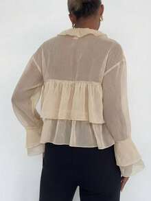 SUNSTORY Women's Summer Casual Elegant Ruffle Flare Sleeve Loose V-Neck Blouse, Suitable For Vacation, Back To School, Tea Party, Commuting, Outing - Apricot - View 4
