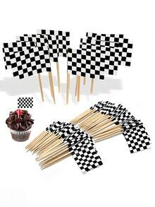 Black And White Checkered Racing Car Toothpick Flags, Mini Racing Car Toothpicks, Cupcake Decorations, Fruit Cupcake Decorations, Food Toothpick Flags, Party Bar Sports Event Decorations, Racing Car Flags And Checkered Flags Cake Decorations, Mini Checkered Racing Car Flag Finish Line Cupcake Decorations, Party Decorative Toothpicks, Black And White Toothpick Cupcake Decorations - Multicolor - View 10