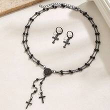3 Pieces Of Minimalist Punk Style Alloy Multi-Layer Necklaces, Cross Necklaces, Earrings, Jesus Necklaces, Ear Studs, Religious Accessories. Jewelry Set. Suitable For Daily Commuting, Vacation, Party And Banquet Wear. As A Gift.,Summer,Jewellery,Festival,Accsesories - Black - View 4