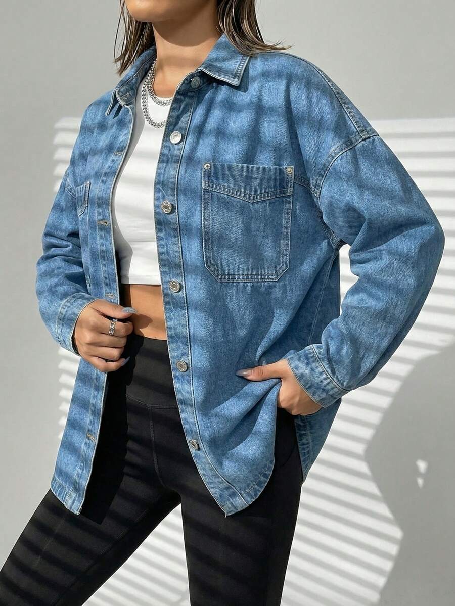 Áo khoác denim nữ tay dài, vai rớt, kiểu dáng thường ngày, dáng boyfriend, cài cúc, có túi. - Rửa nhẹ - Xem 1