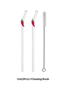 1/2/5 pièces Kit de pailles en verre incurvées transparentes réutilisables et résistantes avec design piment et embout décoratif, convient pour tasses à eau, boissons glacées, thé au lait boba, espresso, jus de fruits, smoothies, cocktails artisanaux, usage domestique, pub, café - Voir 9