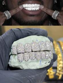 [Sparkling Punk Tooth Caps For Cosplay] Glittering Hip Hop CZ Teeth Grills - 2pcs Set For Top & Bottom, Sparkling Punk Tooth Caps, Perfect For Cosplay & Rapper Style, Instant Smile Makeover - Multicolor - View 2