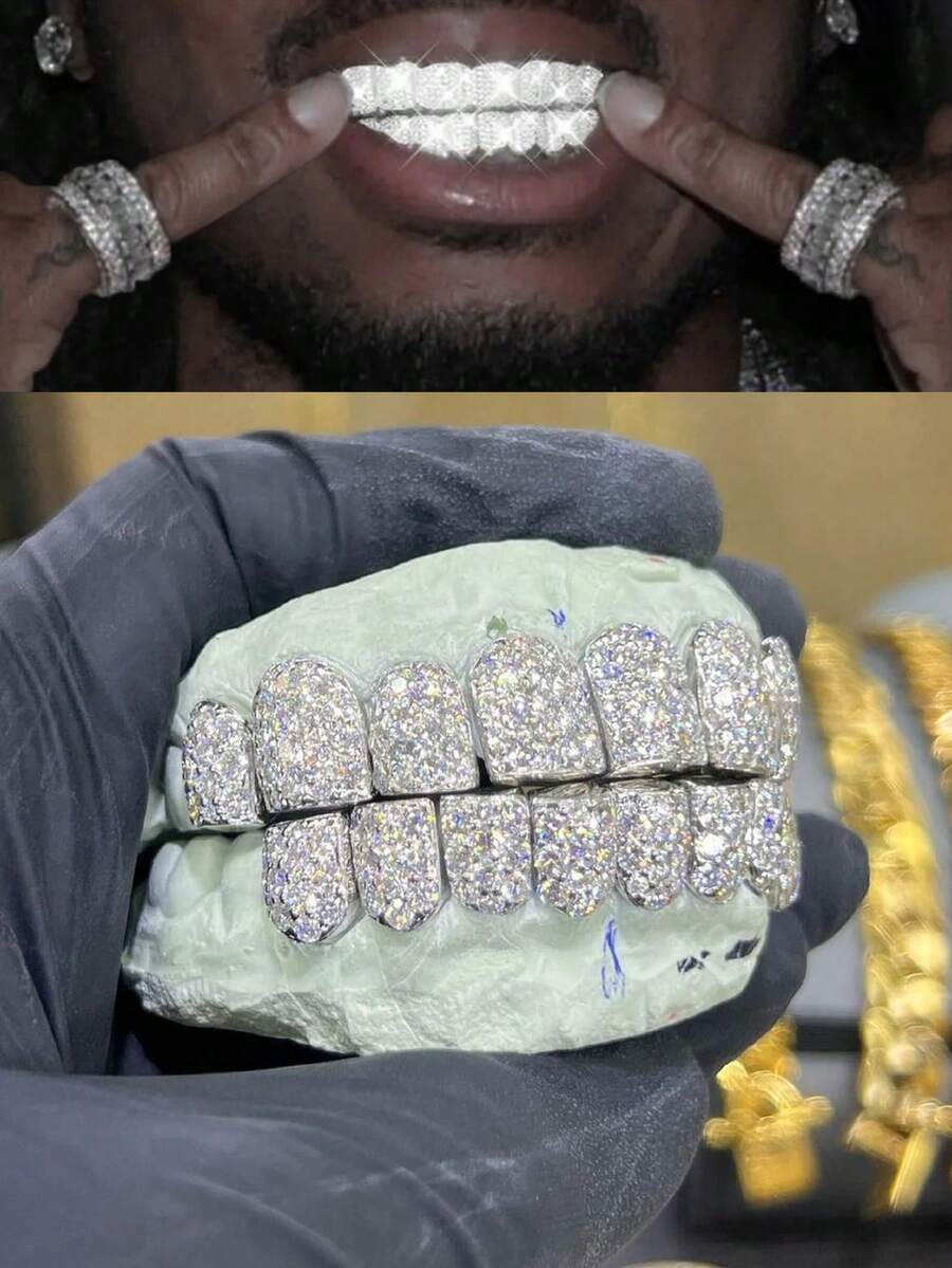 [Sparkling Punk Tooth Caps For Cosplay] Glittering Hip Hop CZ Teeth Grills - 2pcs Set For Top & Bottom, Sparkling Punk Tooth Caps, Perfect For Cosplay & Rapper Style, Instant Smile Makeover
