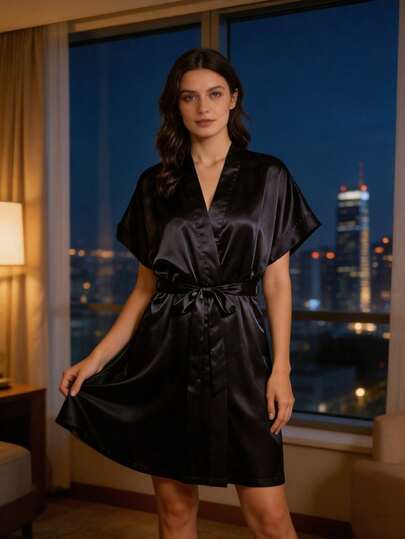 1 chiếc áo choàng tắm ngắn tay màu trơn dành cho nữ, đồ mặc nhà nhẹ nhàng cho mùa xuân và mùa hè, đa năng dùng ở nhà, khách sạn và dự tiệc, cũng thích hợp để mặc nhiều lớp vào mùa đông.