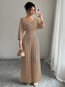 Women's Jumpsuit With Wide-Leg Pants, V-Neck, Overlay, Elegant, Fitted Waist, And Pleats. - 卡其色 - 查看 6