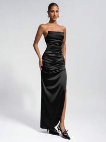 Robe maxi élégante en satin noir sans bretelles avec design volant et fente, convient pour les invités de mariage, les soirées de gala, les sorties en amoureux et les cérémonies de remise de diplômes - Noir - Voir 8