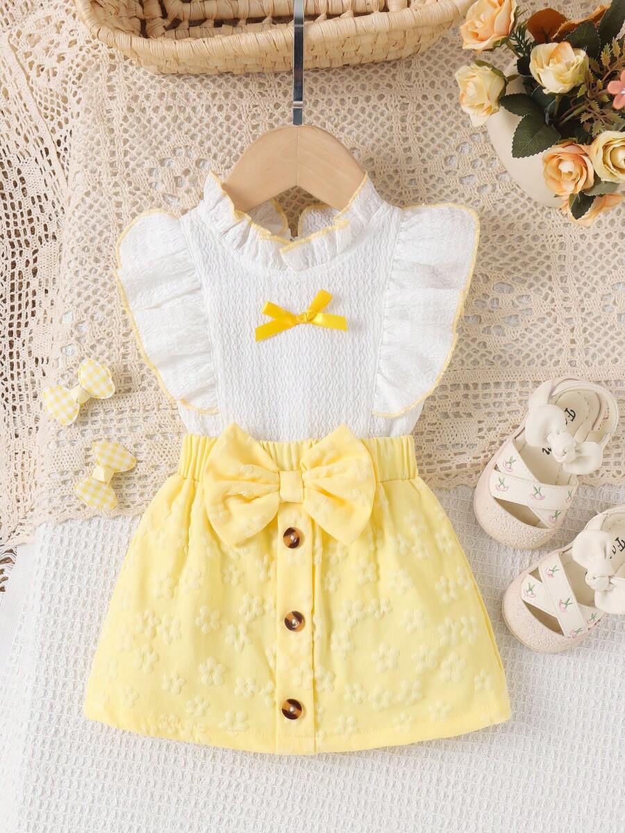 2pcs Baby Girls Elegant Fresh White Bow Vest Top + Yellow Skirt Outfit, Cute Summer Set - Yellow - View 1