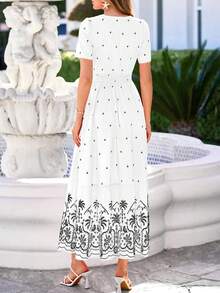 Women Summer Boho Floral V Neck Short Sleeve Flowy Long Dress Casual Hawaii Beach Vacation Holiday Wedding Guest Maxi Dress Outfits - 白色黑色 - 查看 2