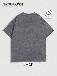 [100% Cotton Top] Cross & Letter Print Washed Tee - Retro Round Neck Breathable Streetwear, Casual Short Sleeve T-Shirt For Summer, Top For All Season - 灰色 - 查看 2