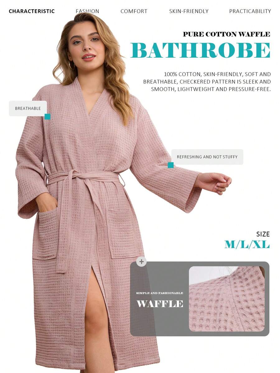 Unisex 100% Cotton Waffle Bathrobe, Lightweight Breathable Kimono Robe With Pockets - 粉色 - 查看 1