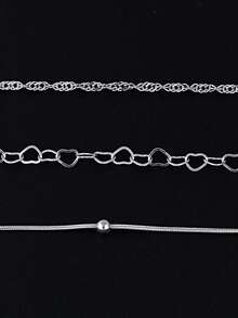 3pcs Stainless Steel Heart Beaded Multi-Layer Bracelet Set, Unisex Accessories For Daily, Work, Party - Silver - View 4