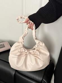 云褶大容量单肩腋下饺子包，复古小众软抽绳蝴蝶结通勤包 - 白色 - 查看 3