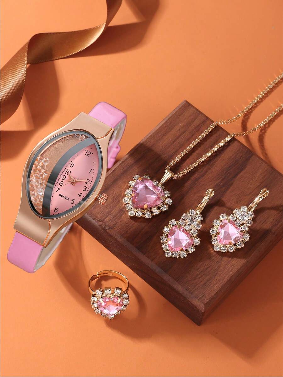 4pcs Set Snake Skin Pattern Rhinestone Inlaid Fashion Women's Watch, Half Paved Crystal Quartz Watch Set - one-size - View 1