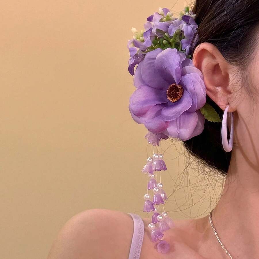 Radiant As Ever! Super Ethereal And Alluring, This Yellow And Purple Pearl Lily Of The Valley Flower Tassel Elegant Side Hair Clip Is A Perfect Hair Accessory For Vacation And Travel Photos - Kẹp mỏ vịt hoa tím - Xem 1