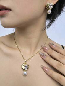 1 Set Stainless Steel Heart Pendant Necklace And Earrings, Versatile Luxury Elegant Design Jewelry Set, Gift - Golden Heart - View 5