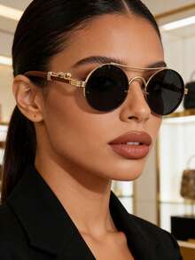 Gafas de moda de mujer con montura redonda de doble aro, con diseño de marco con relieve creativo y estampado de textura de madera, ideales para el uso diario y salidas casuales - Multicolor - Ver 2