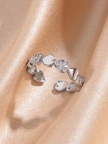 Anillo de acero inoxidable con forma de luna y corazón, incrustado con circonita cúbica, anillo ajustable de color plateado para mujeres, regalo romántico para boda, aniversario, día de la madre, San Valentín - Plata - Ver 10