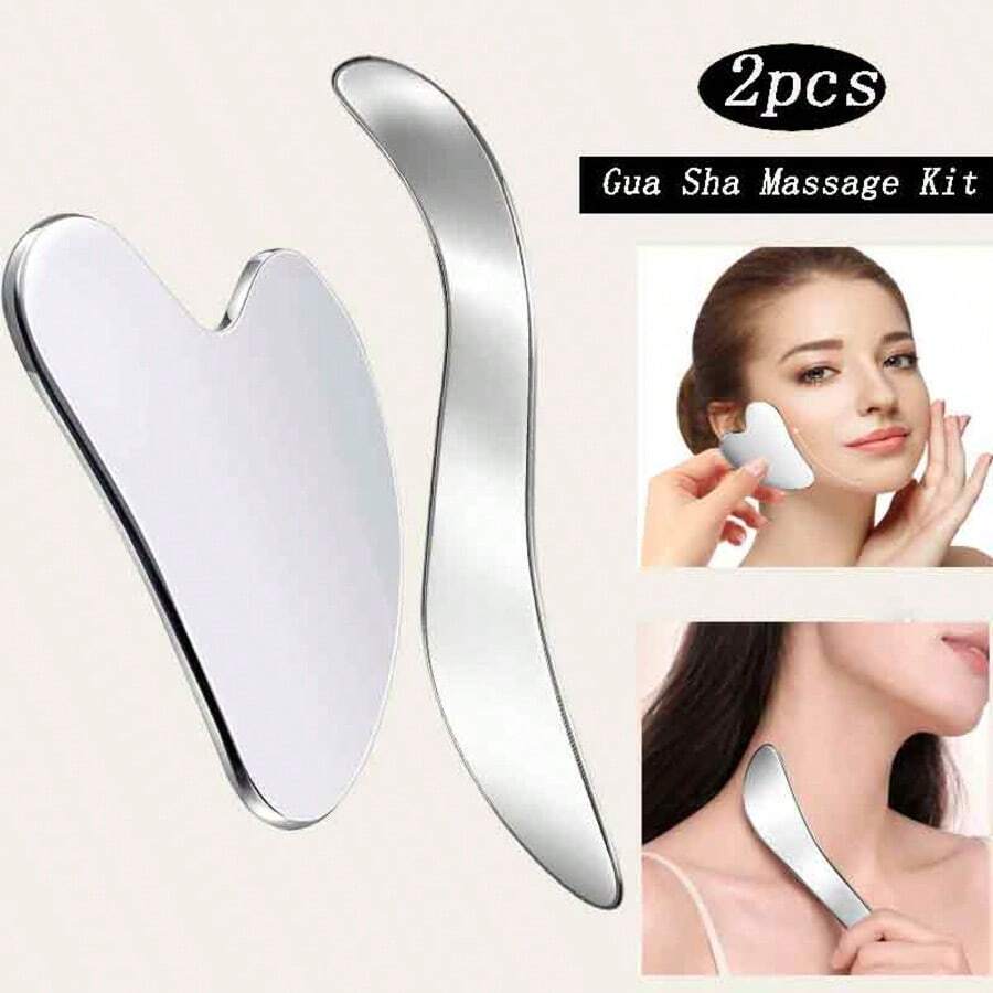 Bộ 2/1 tấm Gua Sha hình trái tim lớn màu bạc + dao cạo mô liên kết bằng thép không gỉ, massage thư giãn sâu toàn thân, kích thích huyệt đạo, giảm mệt mỏi, dụng cụ làm đẹp tạo đường nét khuôn mặt, dụng cụ cạo Gua Sha đa chức năng cầm tay. - Nhiều màu - Xem 1