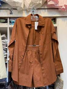Linen Shirt And Shorts Set (2 Pieces), Lined With Elastic. - 深橘色 - 查看 2