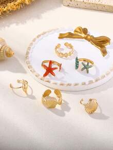 6pcs Summer Beach Vacation Colorful Starfish & Shell Open Ring Set, Suitable For Women Daily Wear - Ocean Ring - View 4