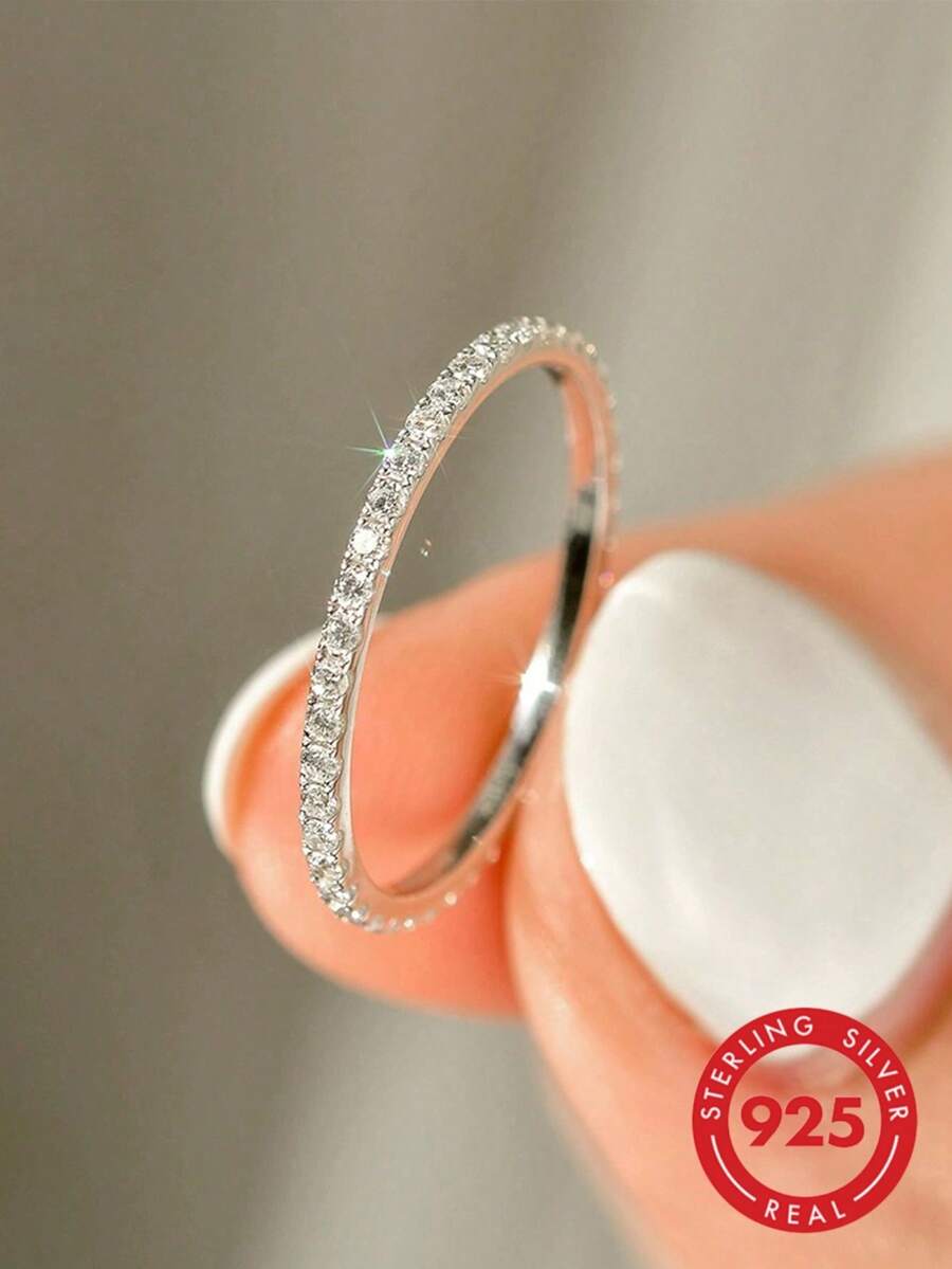 GAGAFEEL 1pc Minimalist S925 Sterling Silver Zirconia Ring, Sparkling Diamond Ring, Women/Girls Party, Date, Birthday Gift, Daily Wear Jewelry - Silver - View 1