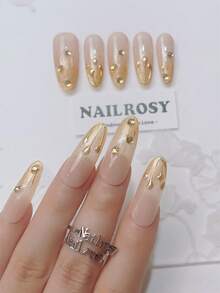 10pcs Handmade Gold Ombre Matte Nail Stickers - Elegant Reusable Pointed Fake Nail Decals With Diamond Decoration - Gold - View 2