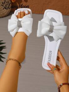 LangMoon 2026 White Elegant Rhinestone Bow Slippers, Chiffon Bow + Full Diamond Decor, Soft Flexible Flat Sole Non-Slip Durable Comfortable, Sweet Versatile For Commuting, Shopping, Vacation, Spring/Summer Stylish Shoes - White - View 1