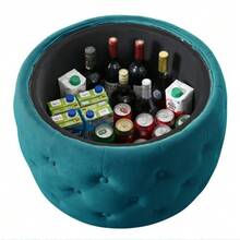 Luxurious Set Of 2 Stackable Velvet Stools, 4-In-1 Function, Round Stool With Wooden Shelf And Storage Space, No Assembly Required, Beige Color (58cm X 58cm X 38cm). - Blue - View 5