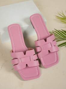 宽楦凉鞋，休闲拖鞋，粉色平底凉鞋，时尚百搭的套脚凉鞋，适合日常穿着 - 粉色 - 查看 5