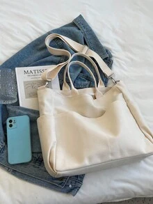 时尚大容量女士托特包，帆布单肩斜挎包，手提包，笔记本电脑背包，多口袋中号 - 白色 - 查看 9