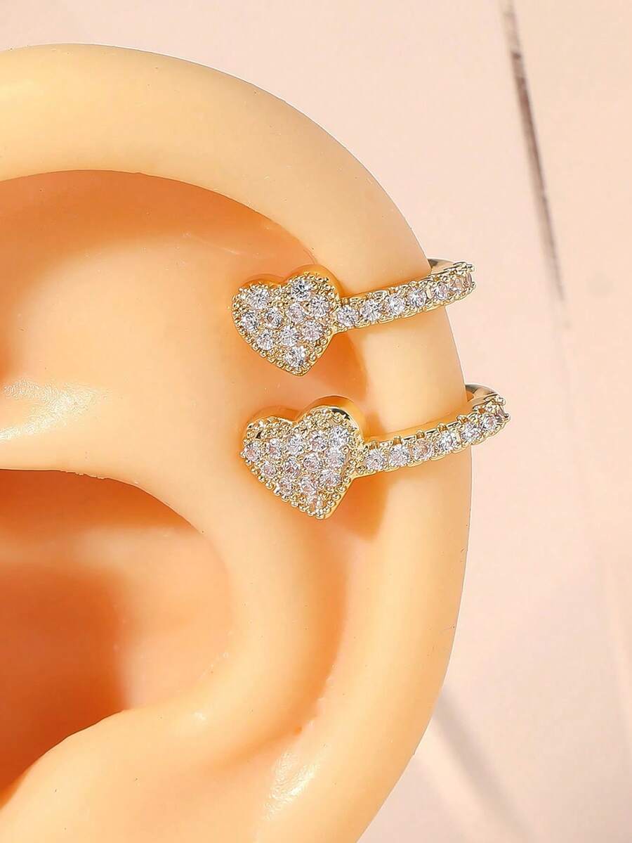1 đôi bông tai kẹp đơn giản thiết kế hình trái tim đính đá Zirconia đôi thời trang dành cho nữ, trang sức bằng đồng. - Trái tim - Xem 1