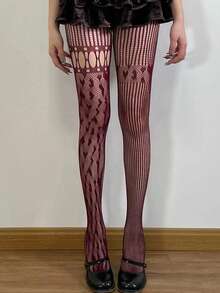 一双女士酒红色心形不对称网眼丝袜，性感Y2K朋克风提花紧身裤，哥特式镂空丝袜，适合派对、聚会和亚文化装扮 - 彩色 - 查看 4