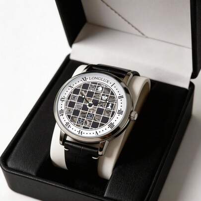LONGLUX 1 chiếc đồng hồ cơ tự động nam, họa tiết bàn cờ, đồng hồ đeo tay cơ quốc tế hình cờ vua, chữ số La Mã cổ điển, dây da kiểu doanh nhân, phù hợp để đeo hàng ngày.