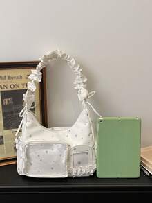 peach tree 这款时尚百搭的日系女士单肩包，拉链封口，肩带不可调节，印有可爱的星星图案，多口袋设计，含透明口袋，配有褶皱云朵蝴蝶结肩带，可装毛绒玩具/手机/硬币/卡片等物品。尼龙材质，防水轻便，大容量斜挎包，适合上学、上班、购物、约会、度假等各种场合，是送给女性朋友的绝佳礼物。桃树图案 - 彩色 - 查看 9