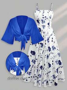2pcs Women's Elegant Floral Chiffon Dress And Jacket Set, Romantic Outfit For Date And Vacation Spring - 寶藍色 - 查看 2